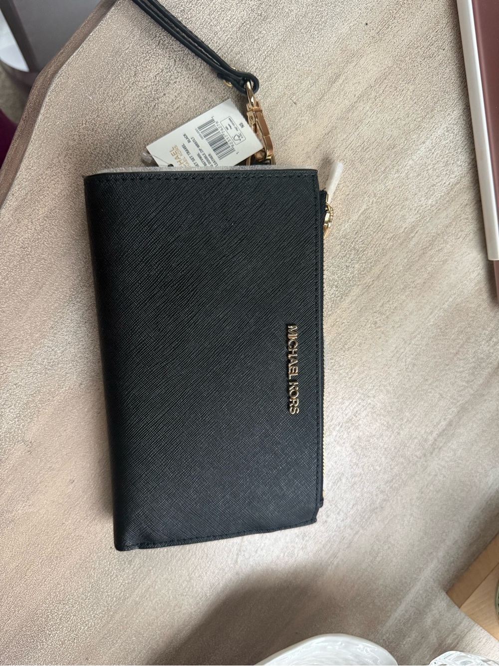 Michael Kors Black Saffiano Leather Wristlet with Gold Logo